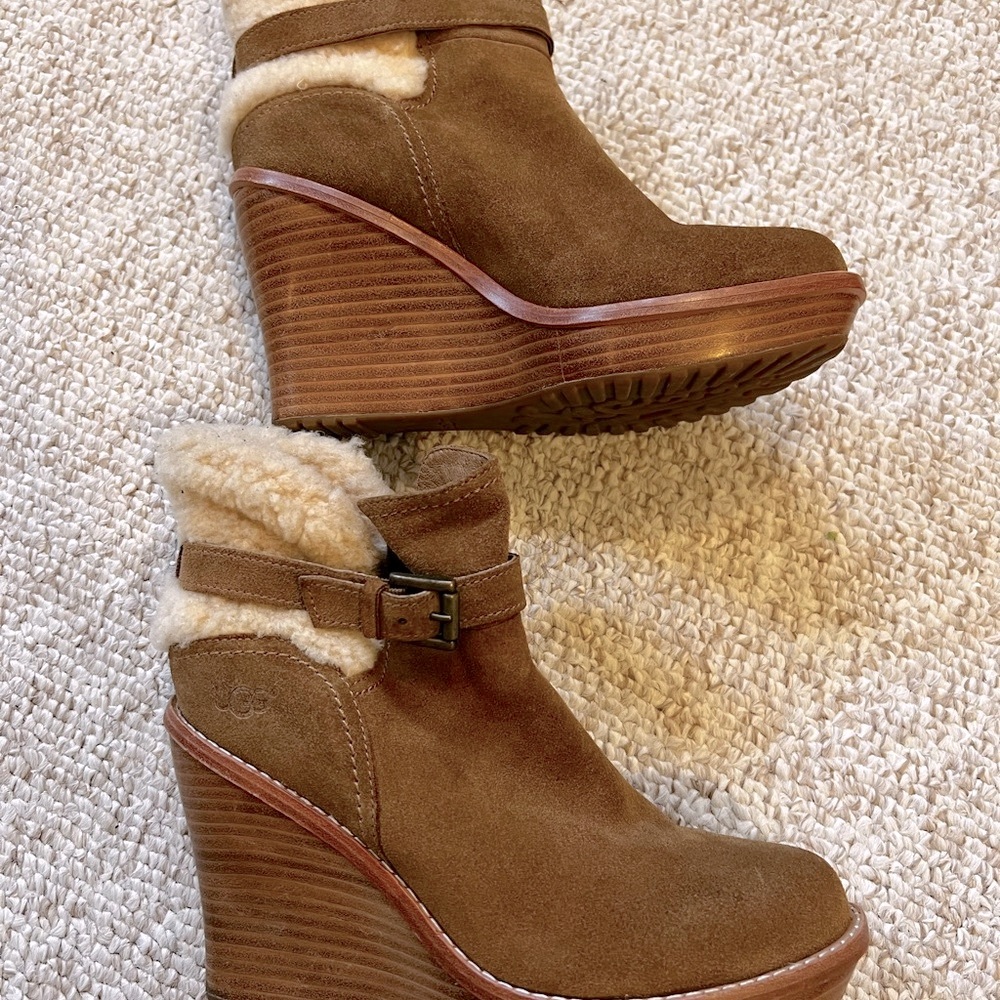 UGG Brown Wedge Ankle Boots with Fur Lining and Wooden Heel